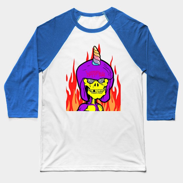 hellfire Unicorn Skull Brain Terminator Candy Unicorn Blast Surreal Pop Art Steam Punk Baseball T-Shirt by Tiger Picasso